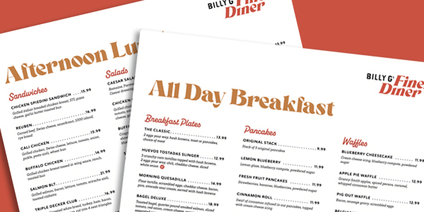 Billy G's Finer Diner All Day Eats menu